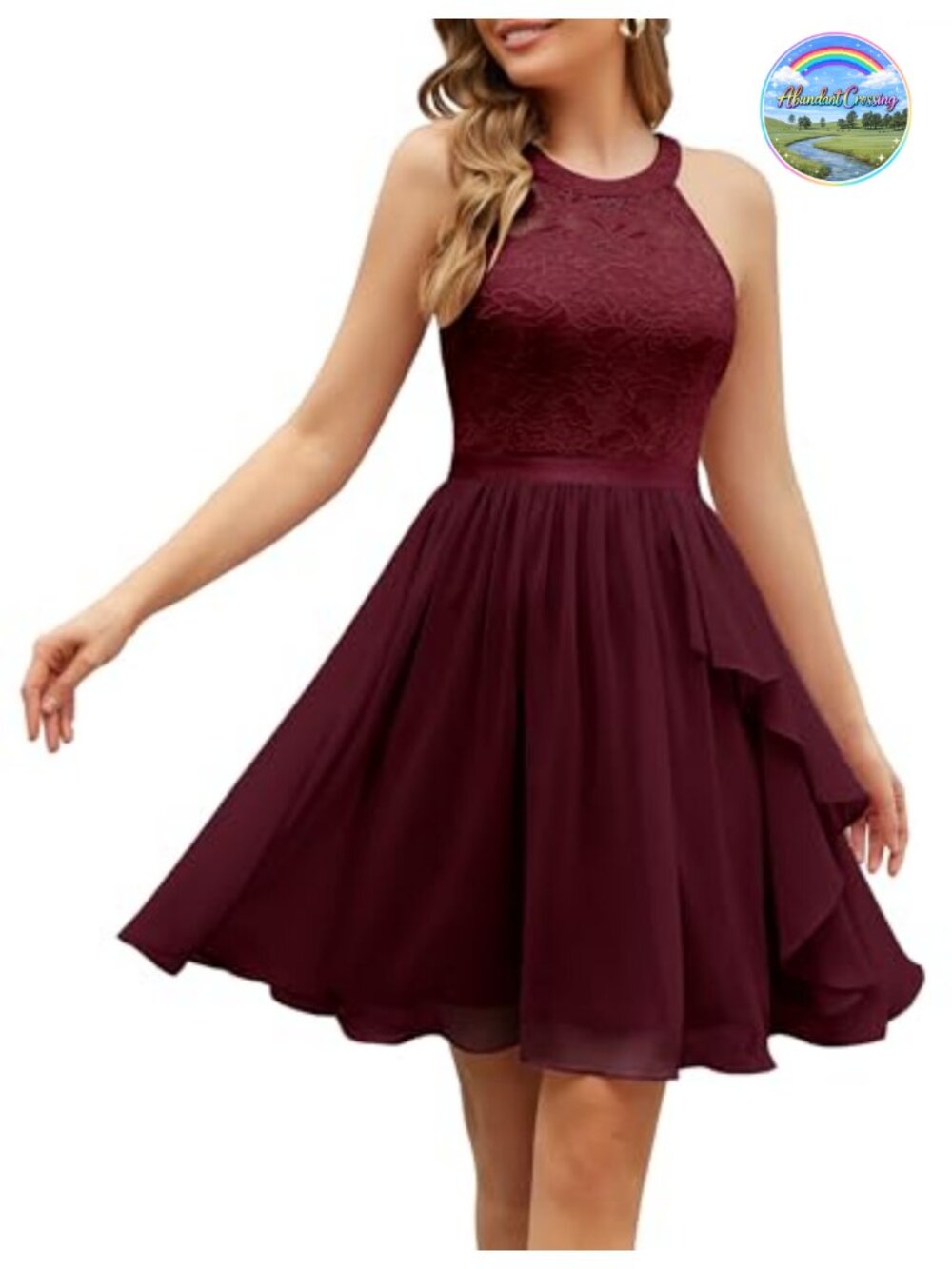 Women's Sleeveless Halter A-Line Cocktail Dress Floral Lace Ruffle Mini